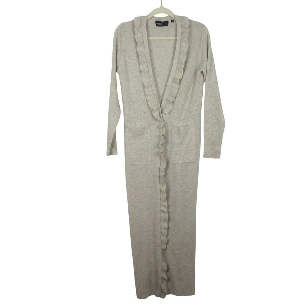 Brown Allan Long Ruffle Cardigan Sweater Heather Size S Merino Wool Cashmere